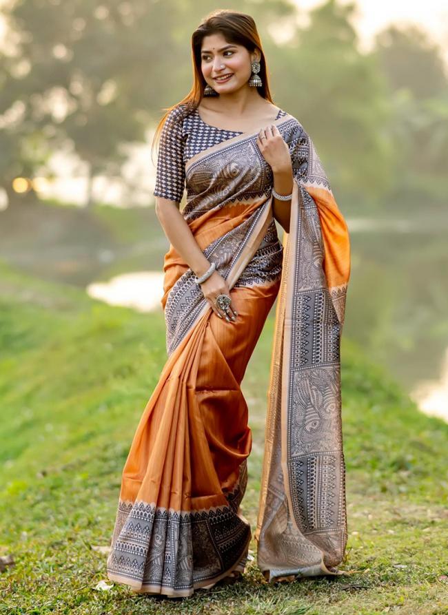 Tussar Silk Orange Daily Wear Printed Saree